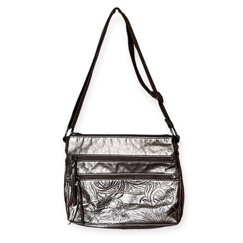 The Sak Gold Metallic Reseda Leather Embossed Zip Top Adjustable Crossbody Bag
